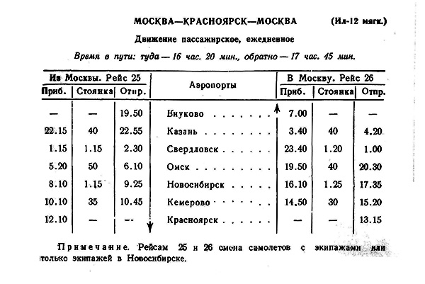 Расписание самолетов Москва—Красноярск 1955 г.