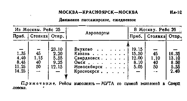 Расписание самолетов Москва—Красноярск 1956 г.