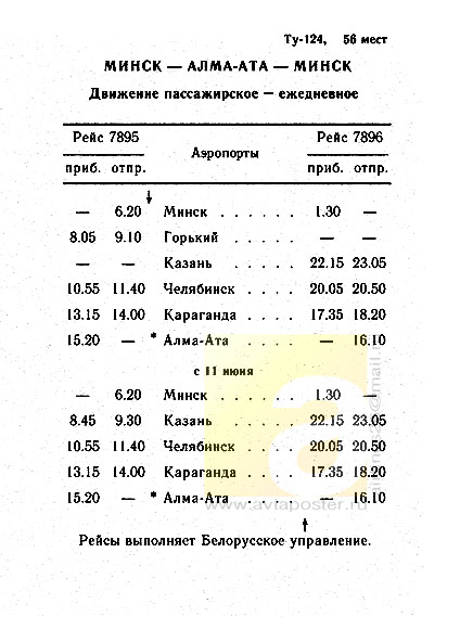 Первый рейс ТУ124 Минск-Алма-Ата 1 июня 1975 г.