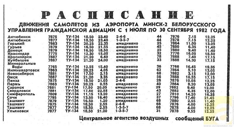 Аэропорт Минск-2 первое расписание рейсов 1 июля 1982 г.