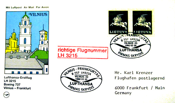 Конверт первого рейса LUFTHANSA Франкфур-на-Майне-Вильнюс